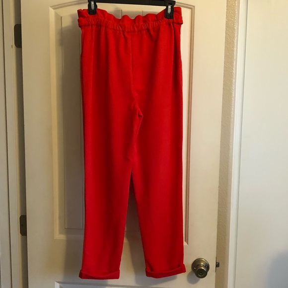 Red High Waist Paperbag Bow Tie Pants - Picture 2 of 10